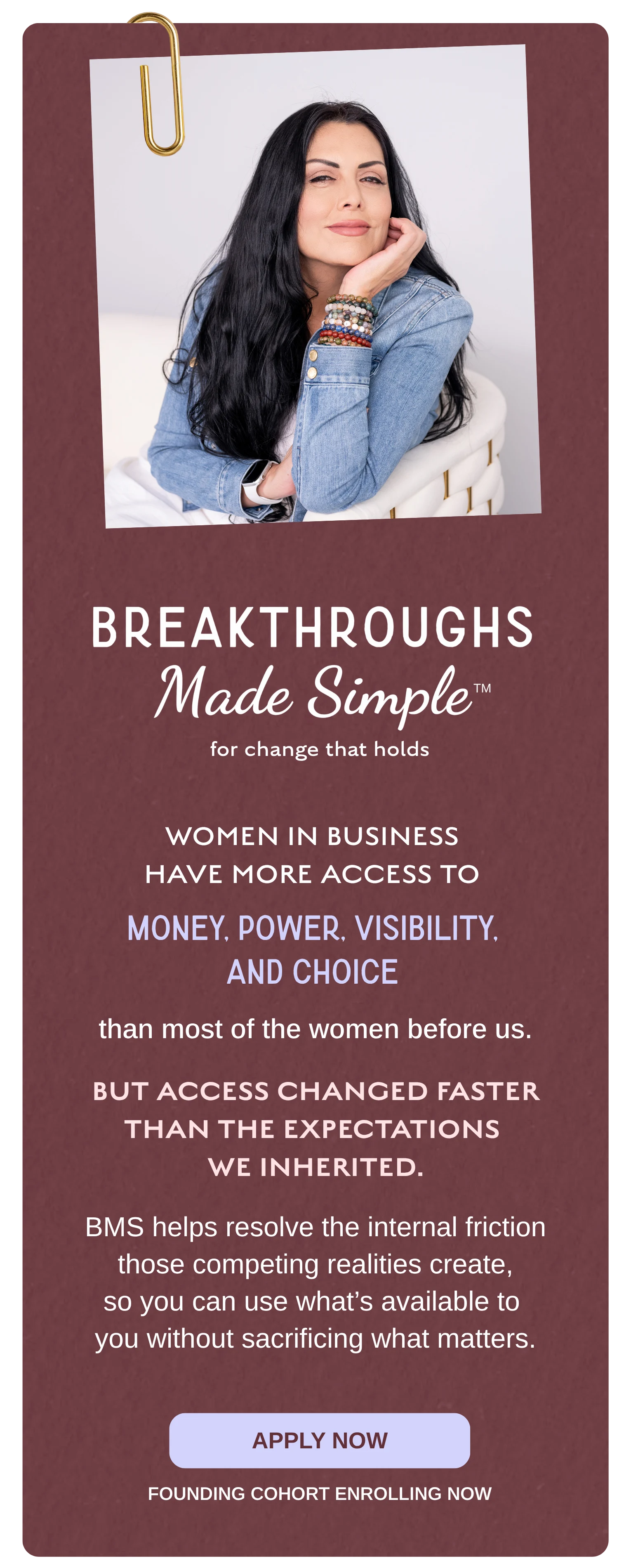 Breakthroughs Made Simple™ mobile hero section introducing a 15-week structured capacity recalibration program for growth-driven women in business ready to build traction and momentum without pushing harder.