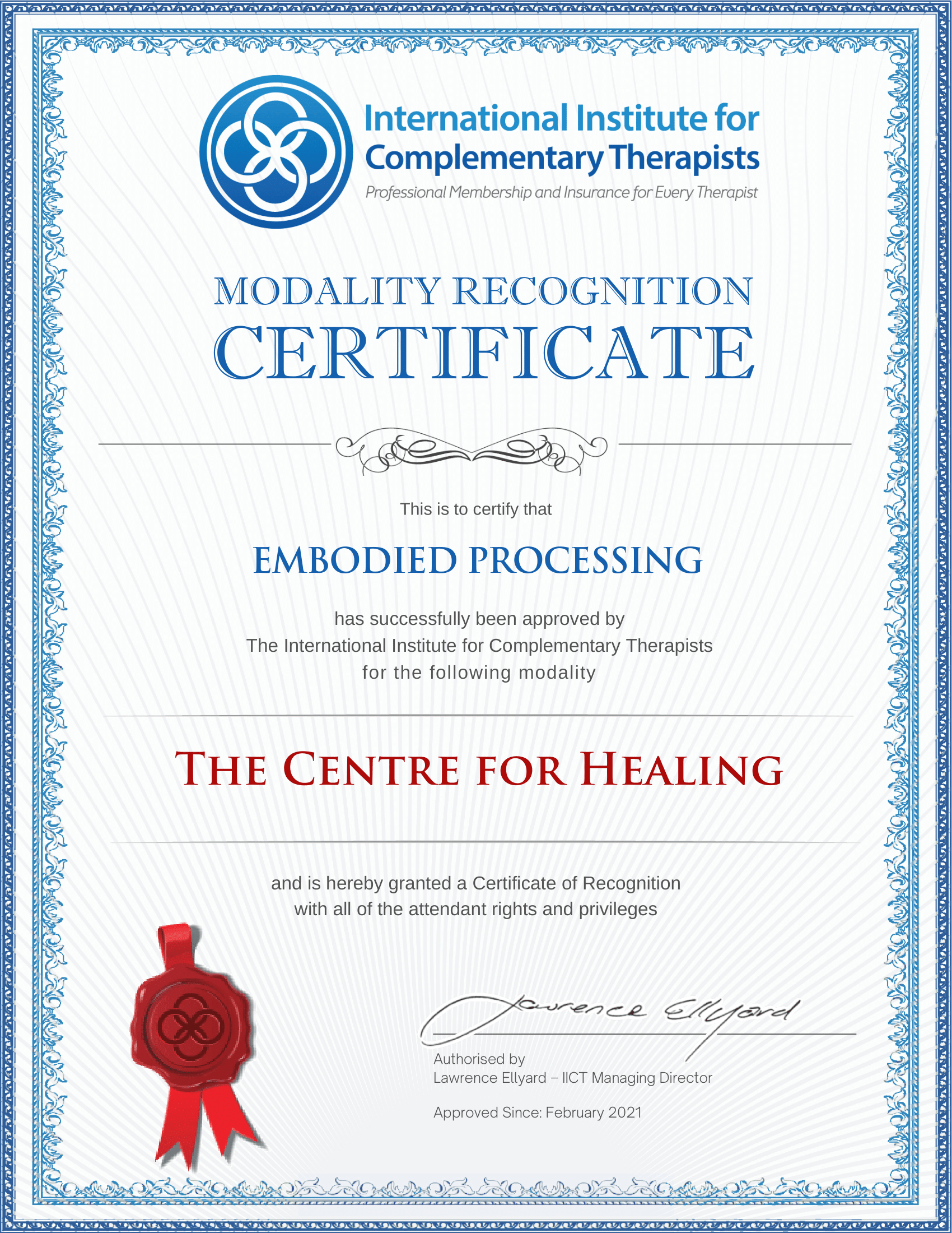 IICT Modality Recognition Certificate