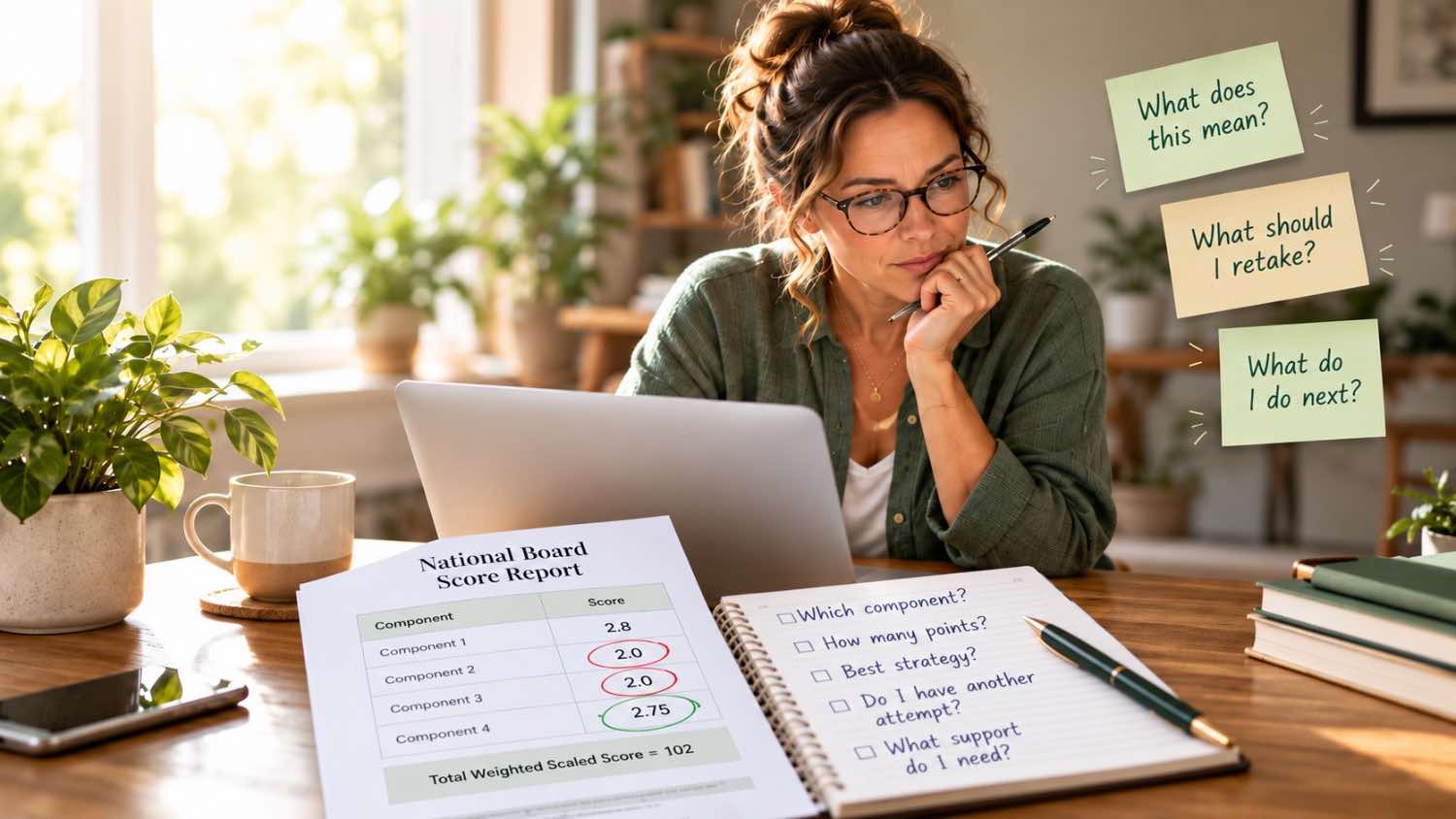 Teacher reviewing National Board Score Report with coach notes