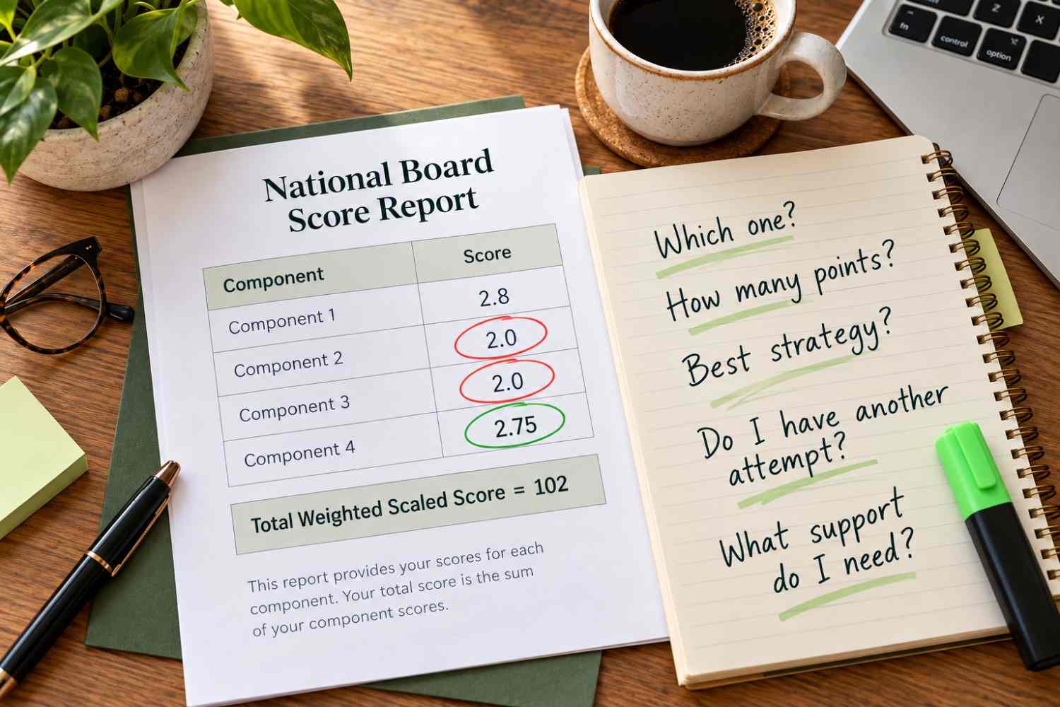 National Board Score Report and strategy notebook on desk