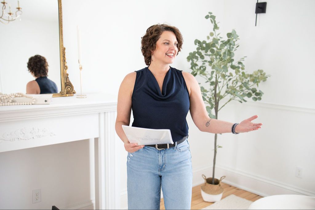 Jen McCallum presenting in a home studio setting
