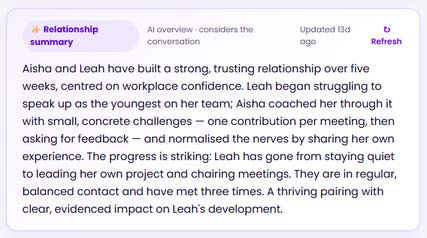 AI relationship summary describing how a mentor helped a young person build workplace confidence