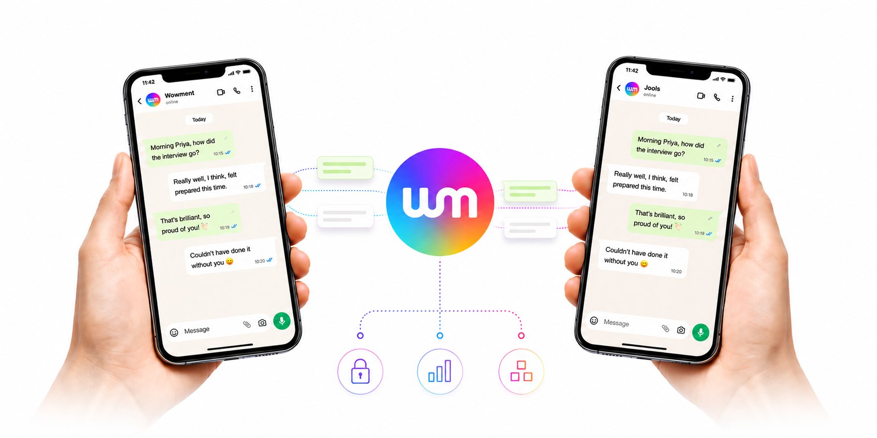 Two phones showing a normal WhatsApp conversation between a mentor and a young person, connected through the Wowment hub