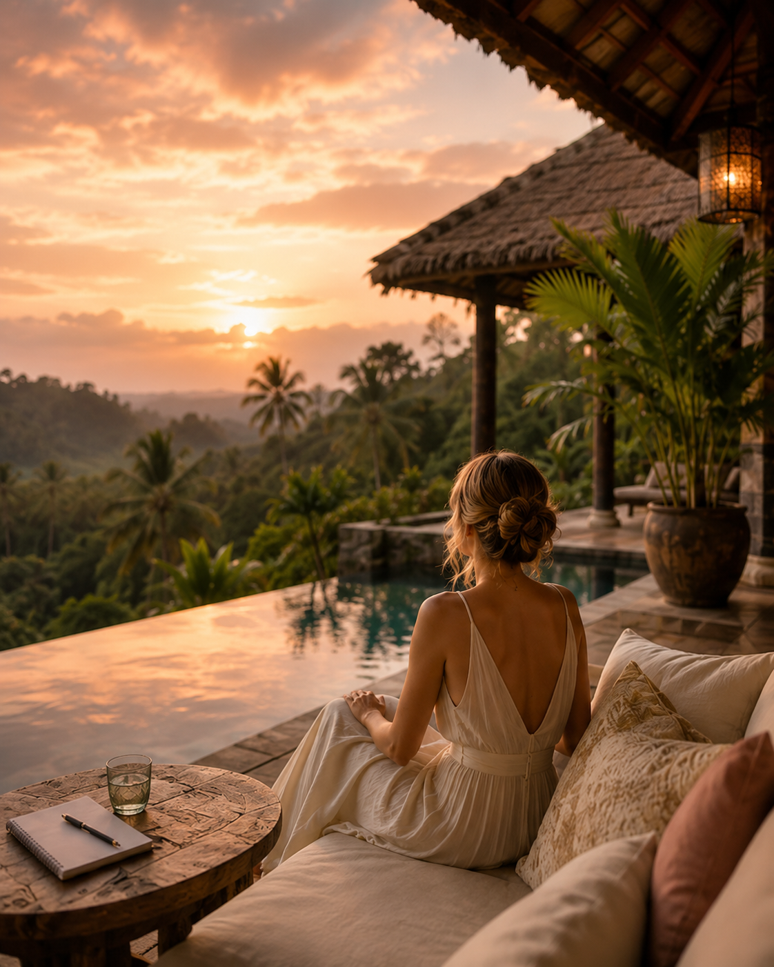 Woman overlooking a tropical pool at sunset in Bali