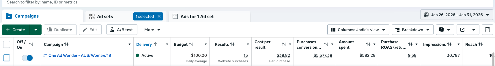 Meta Ads result showing 9.58 return on ad spend
