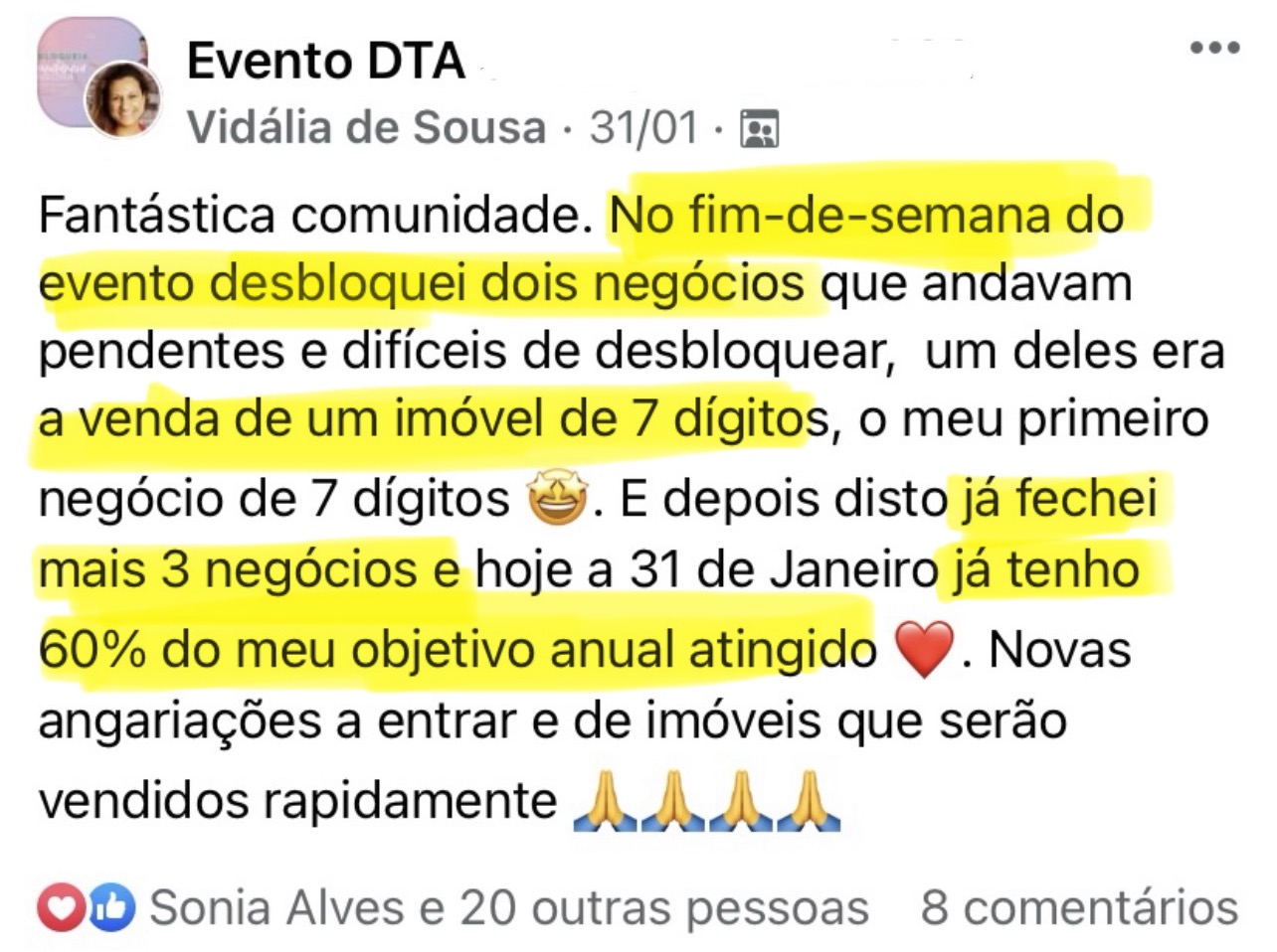 Testemunho real de Vidália de Sousa - negócio de 7 dígitos após o Evento DTA